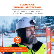 This liner features a Modacrylic Cotton Twill outer shell and fleece lining. The inherent FR shell provides self-extinguishing performance.