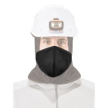 Front view of a faded out model wearing a prominent black thermal mouthpiece
