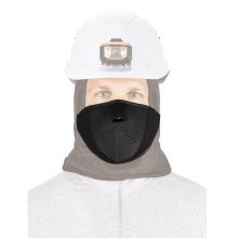 Front view of a faded model wearing a prominent black neoprene thermal mouthpiece