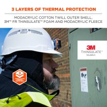 3 Layers of Thermal Protection: This hard hat liner is made with a Modacrylic Cotton Twill outer shell, 3M™ FR Thinsulate™ foam, and Modacrylic fleece to deliver three layers of thermal protection.