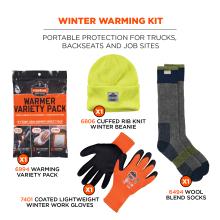 Winter Warming Kit: Provides portable protection for trucks, backseats, and job sites. The kit includes one 6806 Cuffed Rib Knit Winter Beanie, one 6994 Warming Variety Pack, one pair of 7401 Coated Lightweight Winter Work Gloves, and one pair of 6494 Wool Blend Socks .