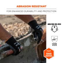Abrasion resistant: for enhanced durability and protection. Compliant to ANSI/ISEA 105-2024 and EN388 4121X standards