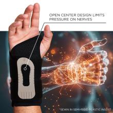 Open center design limits pressure on nerves. Sewn in semi-rigid plastic