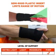 Semi-rigid plastic insert limits range of motion (extension/flexion). Firm level of support. Support scale has levels of extra light, light, moderate, and firm support