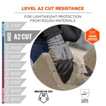 Level A2 Cut-Resistance: for lightweight protection from rough materials. Abrasion resistance and compliant to ansi/isea 105-2016 and EN388 4X43 E standards.