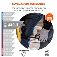 Level A3 cut resistance: for moderate protection from rough or sharp materials. Abrasion resistant and compliant to ansi/isea 105-2106 and EN388 4X42 C standards.