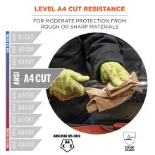 Level A4 cut resistance: for moderate protection from rough or sharp materials. Compliant to ANSI/ISEA 105-2024 and EN388 2X4XD standards.