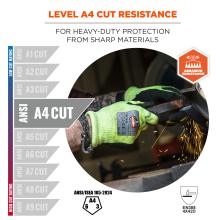 Level A4 cut resistance: for heavy-duty protection from sharp materials. Abrasion resistant. Compliant to ANSI/ISEA 105-2024 and EN388 4X42D standards