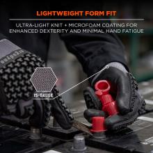 Black textured work gloves gripping red plastic electrical connectors on metal battery terminals, with bold orange and white headline text above