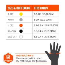 Glove size chart titled "SIZE & CUFF COLOR" and "FITS HANDS" showing sizes S–2XL with colored cuff circles, fit measurements, and hand silhouette with orange measuring arrow