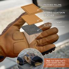 Close-up of a brown leather work glove with layered material samples: two tan leather squares above a dark textured cut-resistant layer.