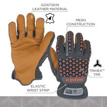 Left tan leather glove palm; right gray mesh glove back with black rubber pads and orange accents, elastic wrist strip visible.