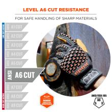 Close-up of a black glove with orange textured grip holding a rusty metal bolt, beside prominent "LEVEL A6 CUT RESISTANCE" text