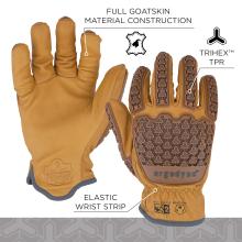 Close-up of tan leather work gloves showing the palm of one and the back of the other with brown textured rubber padding and elastic wrist strip