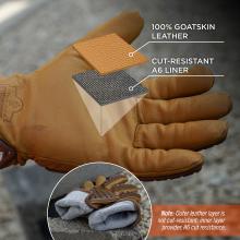 Tan leather work glove palm with overlay showing a leather swatch and textured cut-resistant liner, plus small inset of folded gloves.