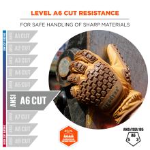 Yellow leather glove with raised brown patterned grip holding a metal wheel against scratched metal, "A6 CUT" rating visible