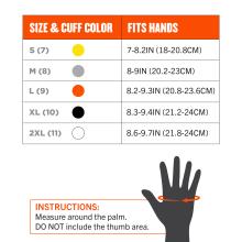 Size and cuff color chart showing sizes S–2XL with colored dots and hand measurements, plus a hand silhouette with an orange palm measurement arrow and instructions.