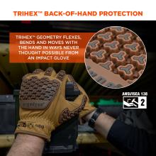 Tan leather work glove with raised brown geometric impact pads on back of hand, circular close-up of pad pattern