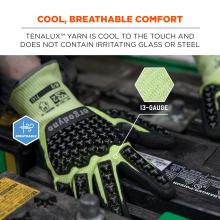 High-visibility lime green work glove with black textured rubber grips resting on engine components, breathable badge and fabric inset.