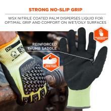 Two work gloves: one showing black coated palm, the other yellow knit back with raised black textured grip pads and an orange touchscreen badge.
