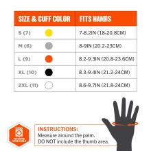 Glove size chart table showing sizes S–2XL with colored cuff dots and hand fit inches, plus hand silhouette with orange wrist measurement arrow.