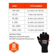 The gloves are available in multiple sizes: XS (6) fits hands measuring 5.5-6 inches (14-15 cm). S (7) fits hands measuring 7-8 inches (18-20 cm). M (8) fits hands measuring 8-9 inches (20-23 cm). L (9) fits hands measuring 9-10 inches (23-25 cm). XL (10) fits hands measuring 10-11 inches (25-28 cm). 2XL (11) fits hands measuring 11-12 inches (28-30 cm). Instructions suggest measuring around the palm without including the thumb area. The gloves are machine washable.