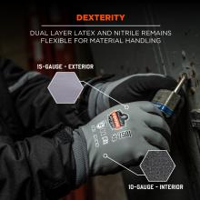 Dexterity: dual layer latex and nitrile remains flexible for material handling. 15-gauge exterior and 10-gauge interior.