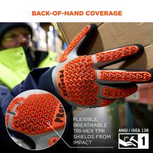 The gloves provide back-of-hand coverage with flexible, breathable Tri-Hex TPR shields designed to protect from impact. They meet ANSI / ISEA 138 level 1 standards.