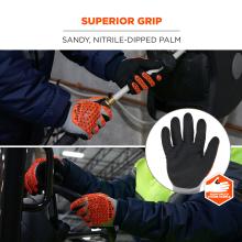 The gloves offer superior grip through a sandy, nitrile-dipped palm and include a reinforced thumb saddle for added durability.