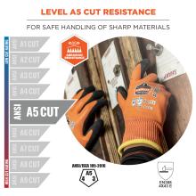 Level A5 cut resistance: for safe handling of sharp materials. Abrasion resistance. Meets ansi/isea 105-2016 and EN 388 4X43 E standard compliance.