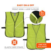 Neon yellow mesh safety vest with black trim shown front and back, close-up of hook-and-loop closure and elastic side straps