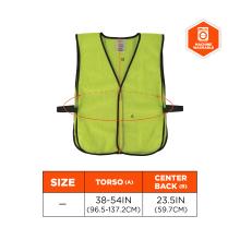 Lime green mesh safety vest with black trim and side straps, measurement arrows and labels on front, and an orange machine-washable icon