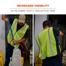 Split image of a person in a neon yellow reflective safety vest mopping; mop, mop bucket and wet floor caution sign visible