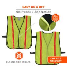 Neon yellow mesh safety vest with black trim, two vertical red reflective stripes, elastic side straps and front hook-and-loop closure.
