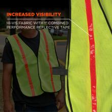 Neon yellow-green mesh safety vest with vertical orange reflective tape and black trim, shown on a person and in a close-up panel.