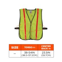 High-visibility fluorescent yellow mesh vest with two vertical red reflective stripes, black trim and side straps, orange arrows and labels.