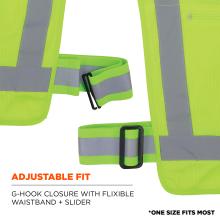 The vest features an adjustable fit using a G-hook closure combined with a flexible waistband and slider. This one-size-fits-most design allows for quick and secure customization.