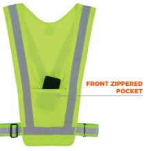 A front zippered pocket offers convenient and secure storage for small items such as a phone, allowing workers to keep essentials within reach while staying hands-free.