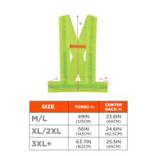Flat neon yellow-green high-visibility vest with orange horizontal strap, red measurement arrows and partial sizing chart below.
