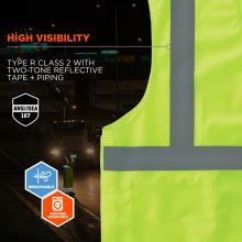Type R Class 2 high visibility: ANSI-compliant reflective material. ANSI/ISEA 107 BREATHABLE, and MACHINE WASHABLE