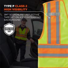 Type P Class 2 High Visibility: This vest meets ANSI/ISEA 107 standards for high visibility. It uses 3M™ Scotchlite™ reflective tape set on a 4.5" contrasting background for enhanced visibility in low-light conditions.