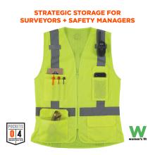 Designed for surveyors and safety managers, this vest includes 4 outer pockets (0 inner) for tools, pens, radios, and safety gear, supporting practical field utility.