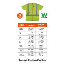 The women’s fit size chart shows the following garment specifications: XS has a torso of 39.4in (100cm) and center back of 26.4in (67cm); S is 41.3in (105cm) torso and 27in (68.5cm) center back; M is 43.3in (110cm) torso and 27.6in (70cm) center back; L is 46.3in (117.5cm) torso and 28.5in (72.5cm) center back; XL is 48.2in (122.5cm) torso and 29.1in (74cm) center back; 2XL is 50.2in (127.5cm) torso and 30.1in (76.5cm) center back; and 3XL is 52.2in (132.5cm) torso and 31.1in (79cm) center back.