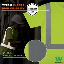 This women’s fit hi-vis shirt is Type R Class 2 ANSI/ISEA 107 compliant and features 2-inch solid reflective tape for enhanced visibility in low-light environments.