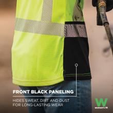 Front black paneling on the shirt, designed to hide sweat, dirt, and dust for long-lasting wear. The "W" logo indicates a women's fit.
