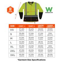 Size chart. XS: Chest 37.4 in (95 cm), Waist 35.4 in (90 cm), Center Back 26.6 in (67.5 cm), Sleeve Length 22.6 in (57.5 cm). S: Chest 39.4 in (100 cm), Waist 37.5 in (95 cm), Center Back 27.2 in (69 cm), Sleeve Length 23 in (58.5 cm). M: Chest 41.3 in (105 cm), Waist 39.4 in (100 cm), Center Back 27.6 in (70 cm), Sleeve Length 23.6 in (60 cm). L: Chest 43.3 in (110 cm), Waist 41.3 in (105 cm), Center Back 28.1 in (71.5 cm), Sleeve Length 24.2 in (61.5 cm). XL: Chest 45.3 in (115 cm), Waist 43.3 in (110 cm)