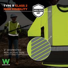 The shirt is certified for ANSI/ISEA 107 Type R Class 2 high visibility, featuring 2” segmented reflective tape for enhanced safety. The women's fit is also noted.