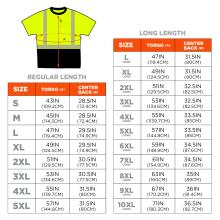 Size chart. For Regular Length: Small (S) has a torso measurement of 43 inches (109.2 cm) and a center back measurement of 28.5 inches (72.4 cm). Medium (M) has a torso measurement of 45 inches (114.3 cm) and a center back measurement of 28.5 inches (72.4 cm). Large (L) has a torso measurement of 47 inches (119.4 cm) and a center back measurement of 29.5 inches (74.9 cm). Extra Large (XL) has a torso measurement of 49 inches (124.5 cm) and a center back measurement of 29.5 inches (74.9 cm). 2X Large (2XL) h
