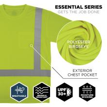This hi-vis short sleeve t-shirt features an exterior chest pocket and is made from breathable, wrinkle-resistant polyester birdseye fabric with UPF 30+ protection and moisture-wicking capabilities.