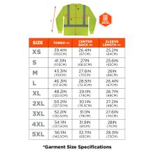 Size chart. Extra Small (XS): Torso 39.4IN (100CM) Center Back 26.4IN (67CM) Sleeve Length 25.2IN (64CM). Small (S): Torso 41.3IN (105CM) Center Back 27IN (68.5CM) Sleeve Length 25.6IN (65CM). Medium (M): Torso 43.3IN (110CM) Center Back 27.6IN (70CM) Sleeve Length 26IN (66CM). Large (L): Torso 46.3IN (117.5CM) Center Back 28.5IN (72.5CM) Sleeve Length 26.4IN (67CM).Extra Large (XL): Torso 48.2IN (122.5CM) Center Back 29.1IN (74CM) Sleeve Length 26.7IN (68CM). 2X Large (2XL): Torso 50.2IN (127.5CM) Center B